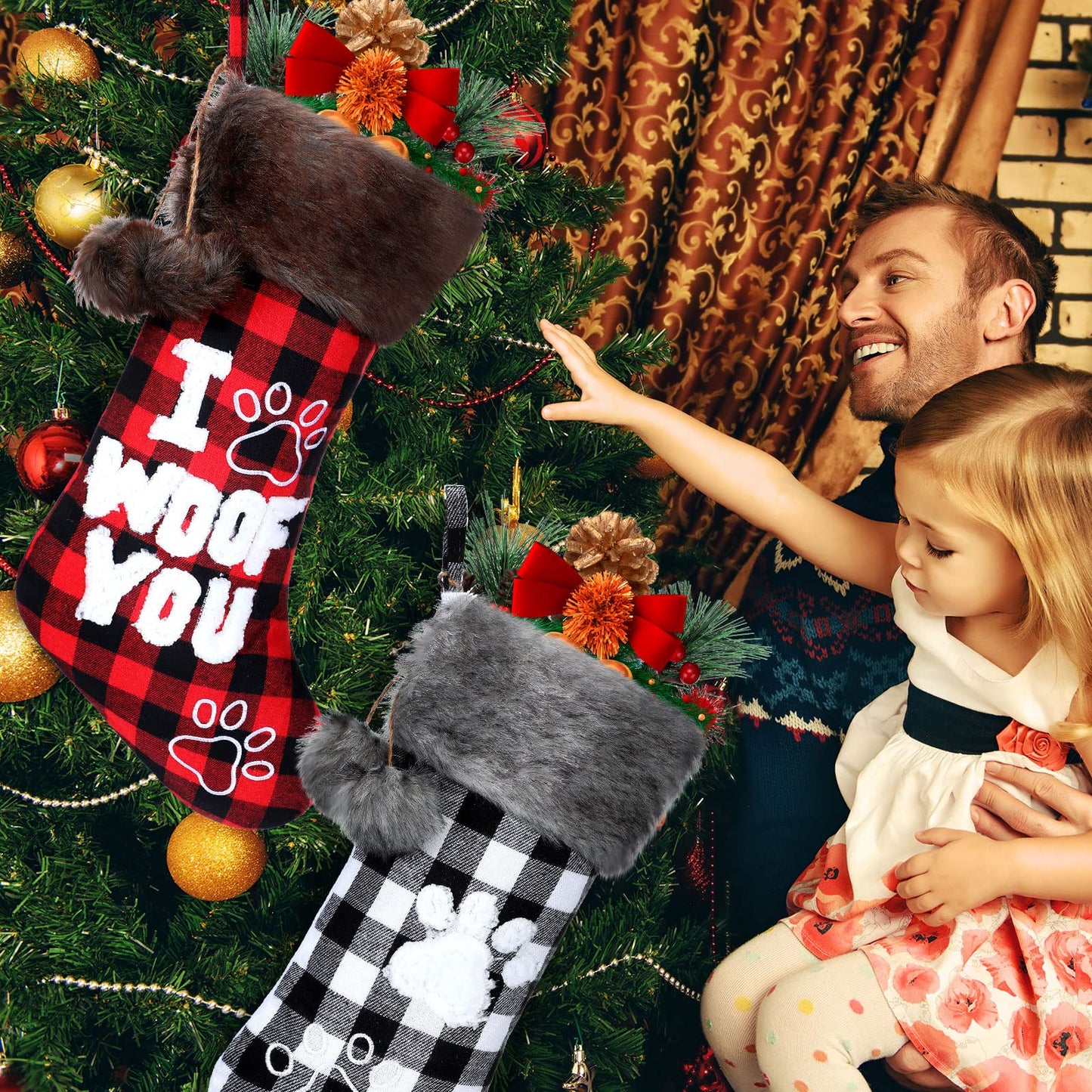Skylety 2 Pieces Christmas Pet Dog Stocking 20 Inch Buffalo Plaid Christmas Stockings Plush Faux Fur Cuff Christmas Hanging Ornament with Letter and Dog Paw for Xmas Decoration (Black Red,Black White)