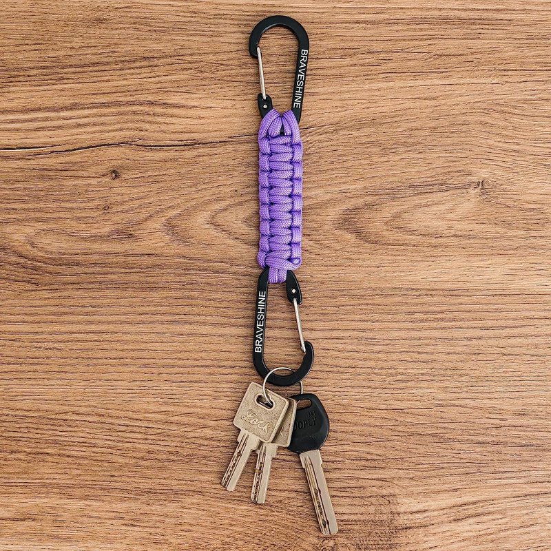 BRAVESHINE 2 Pack Purple Paracord Keychain Hook Carabiner Clips, Lanyard Hanger with D Ring Hooks Heavy-Weight Stroller Hook Holder for Water Bottle, Key, Backpack, Tools, Boys, Girls, Men, Women