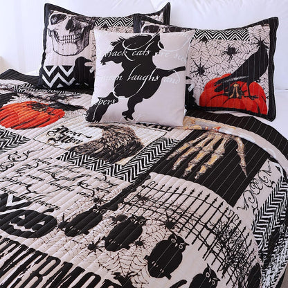 EVENHUG Halloween Quilt Set King Size Bedspread with Pillow Shams Festival Themed Bedding Sets Pumpkin Ghost Coverlet 4 Piece (104"x90")