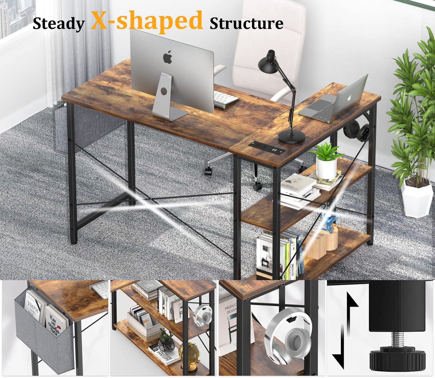 Mr IRONSTONE L Shaped Desk with Outlets & USB Ports, Reversible 47 Inch Office Desk, Corner Desk for Small Space, Home Office Desk with Storage Bag & Hook, Rustic Brown