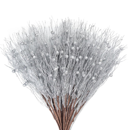 KI Store Silver Christmas Picks Sprays Set of 20 Glittered Twigs Decor for Christmas Tree Decoration Topper Floral Arrangement
