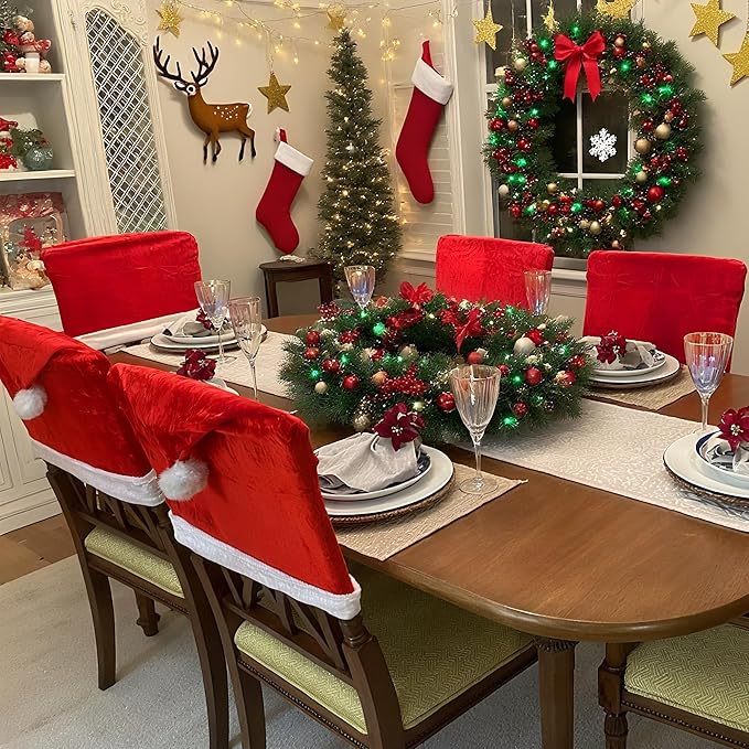 Christmas Chair Covers Hat Chair Back Covers for Xmas Holiday Chair Covers Set of 6, Stretch Parsons Chair Slipcovers Removable Washable kitchen for Home Hotel Banquet Holiday Decoration（6Pcs）