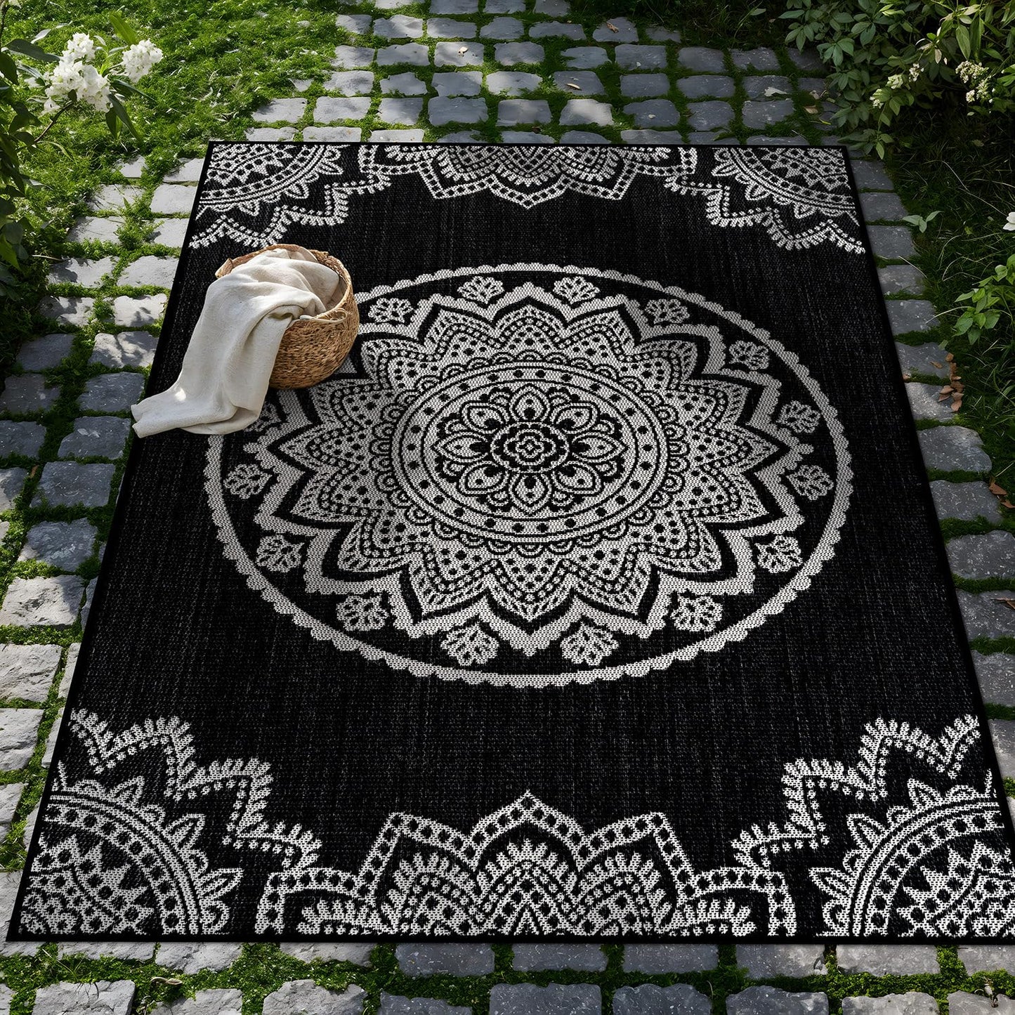 CAMILSON Outdoor Rug 10x14 Modern Large Area Rugs for Indoor and Outdoor Patios and Porches - Washable Non-Shedding Easy-to-Clean Outside Carpet (10 x 14 Medallion - Black/White)