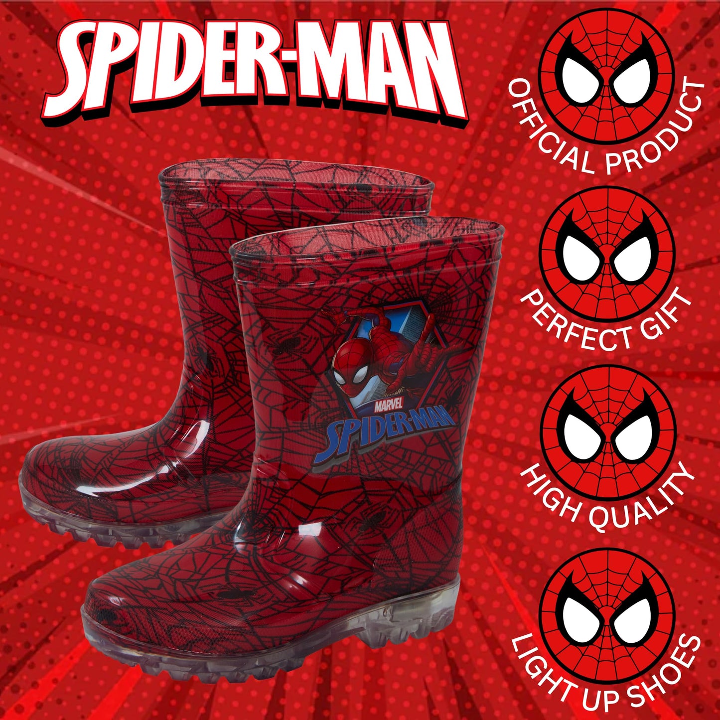 Marvel Spiderman Light Up Wellington Boots 10 UK Child
