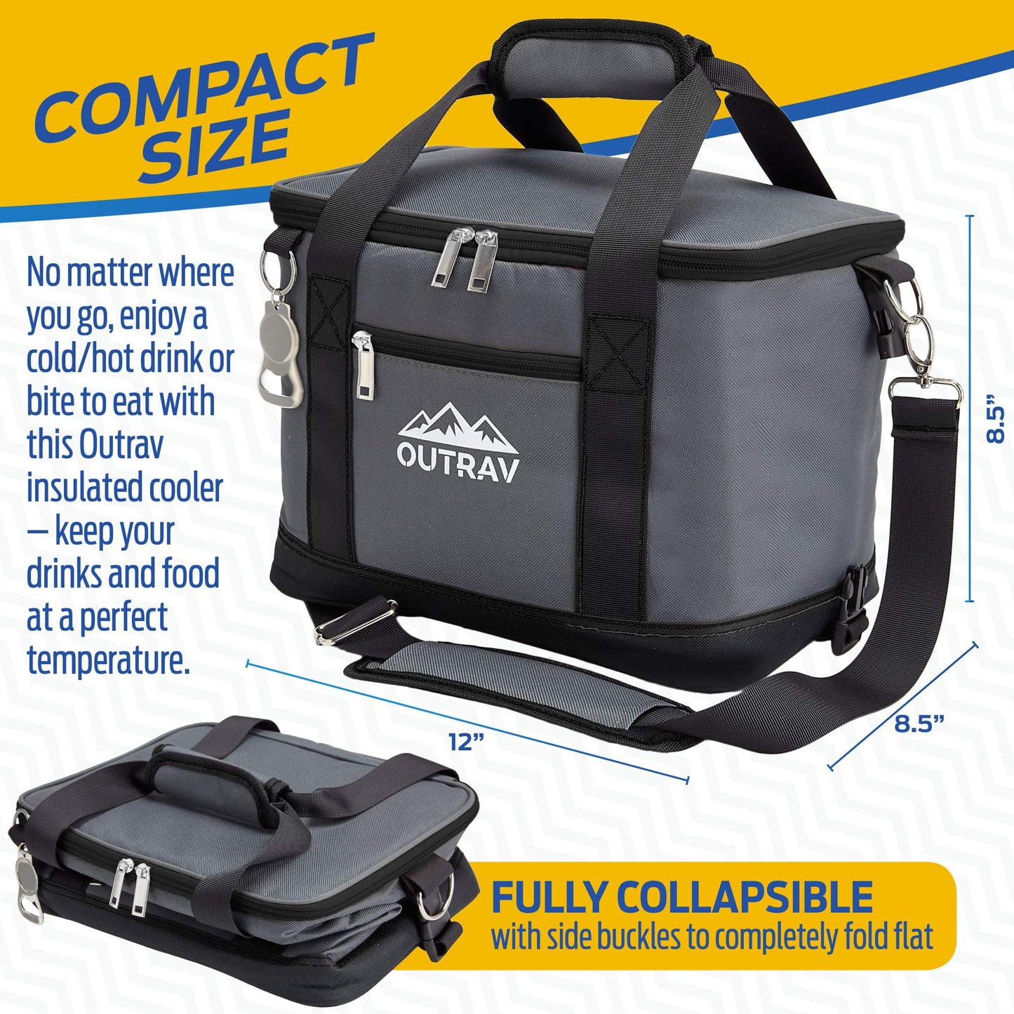 Black Insulated Cooler Bag – 6L Collapsible Thermal Lunch Bag with Bottle Opener, 16 Can Capacity – Perfect for Camping, Picnics and Travel - Handles and Removable Shoulder Strap - by Outrav