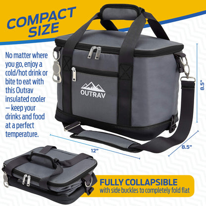 Black Insulated Cooler Bag – 6L Collapsible Thermal Lunch Bag with Bottle Opener, 16 Can Capacity – Perfect for Camping, Picnics and Travel - Handles and Removable Shoulder Strap - by Outrav