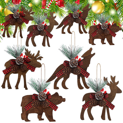 Blulu 8 Pcs Rustic Woodland Christmas Ornaments with Buffalo Plaid Bow Farmhouse Wooden Christmas Decorations for Tree Wooden Animal Hanging Ornaments for Xmas Home Decor(Classic Style)