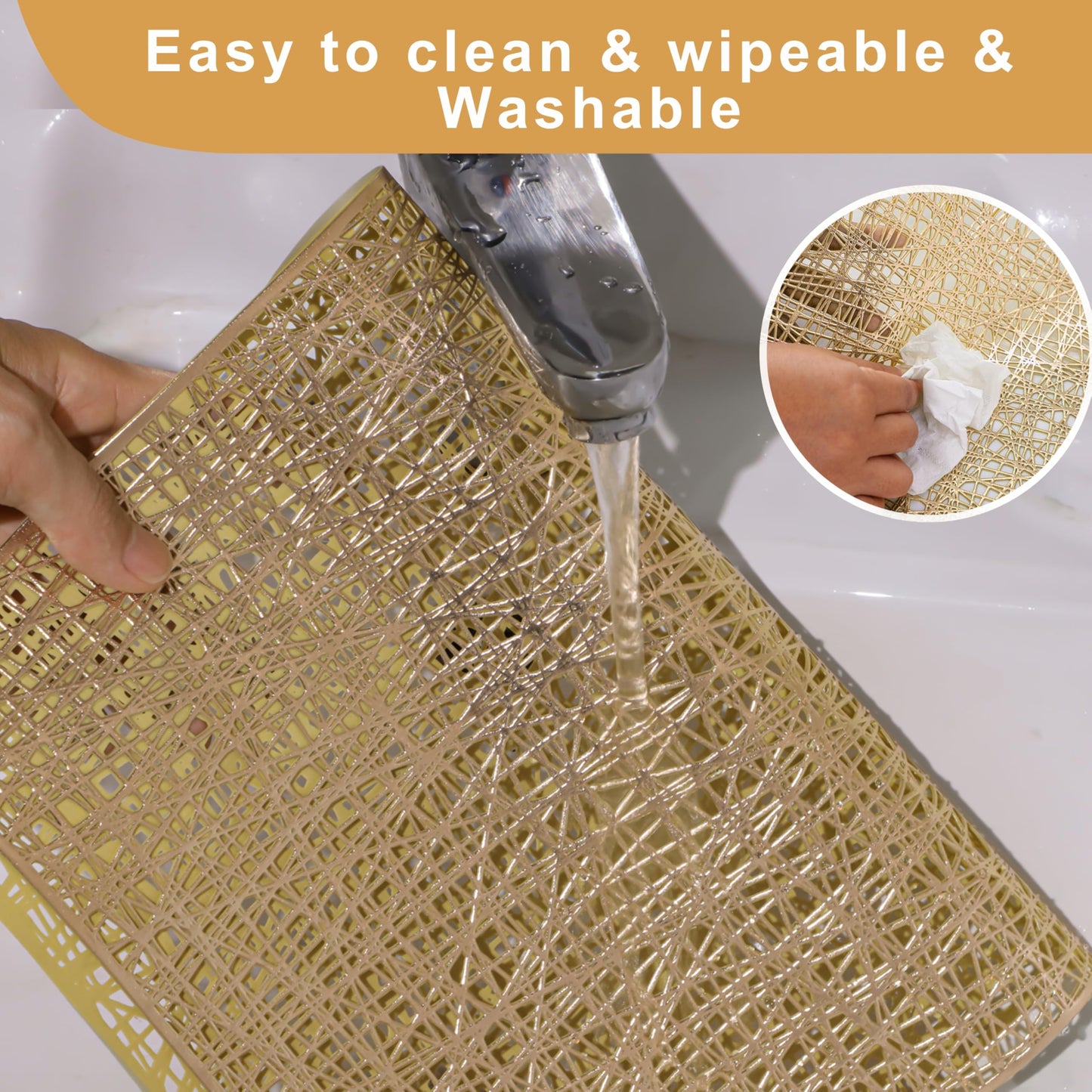 Snowkingdom Gold Placemats Set of 4, Golden Vinyl Rectangle Metallic Wipeable Place mats, Washable Non Slip Stain Resistant Hollow Kitchen Dining Table Mats for Halloween Wedding Party Decoration