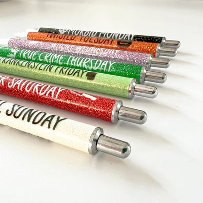 Jxueych 7Pcs Halloween Weekday Pens Glitter Pen with Funny Sayings Vibrant Passive Fancy Ballpoint Pens Cute Gifts for Colleagues Office Supplies (Halloween Pen Set)