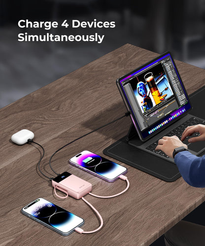 Portable-Charger-Power-Bank Travel Essentials Battery Pack USB C 30000mAh Built in Cable 22.5W Phone Fast Charging Powerbank Compatible with iPhone 16 15 14 13 12 11 iPad Samsung Google Xiaomi