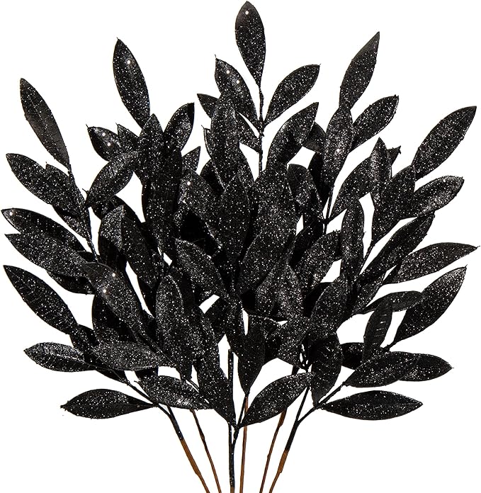 DILATATA 6Pcs Christmas Glitter Leaves Bay Leaves Spray 24" Artificial Black Bay Leaf Picks Sprays Giltter Stems for Halloween Centerpiece Christmas Home Decor Home Decor - Black