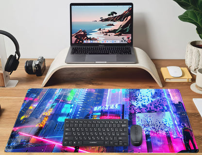 Japanese Street Desk Mat Futuristic Neon City Print Mouse Pad, Exclusive Desk Mats, XXL Large Gaming Mousepad 31.5"x15.75", Office Decor for Women Girls Keyboard Mat Laptop Computer Mat