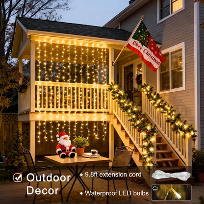 JMEXSUSS 300 LED Remote Control Christmas Curtain Lights, Plug in Fairy Curtain Lights Outdoor, Window Wall Hanging String Lights for Bedroom Backdrop Wedding Party Indoor Patio Xmas Decor, Warm White