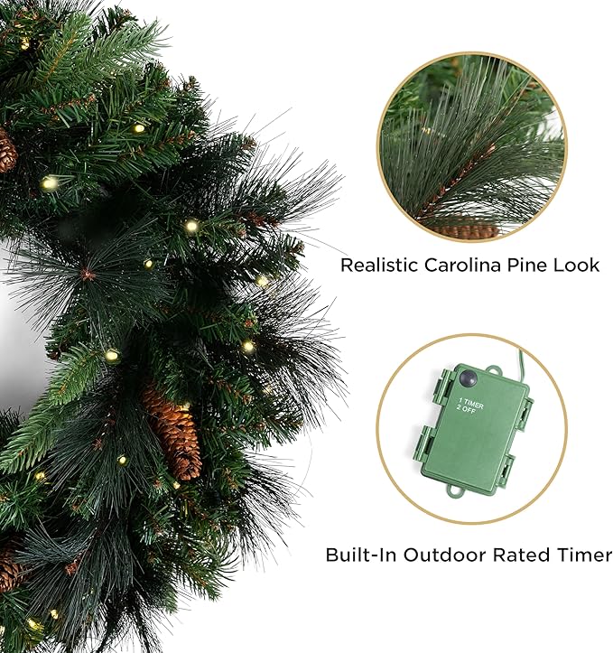 Papyrus 24" Pre-Lit Carolina Pine Artificial Wreath, Pine Cones, Warm White Light, Battery Powered, Indoor/Outdoor