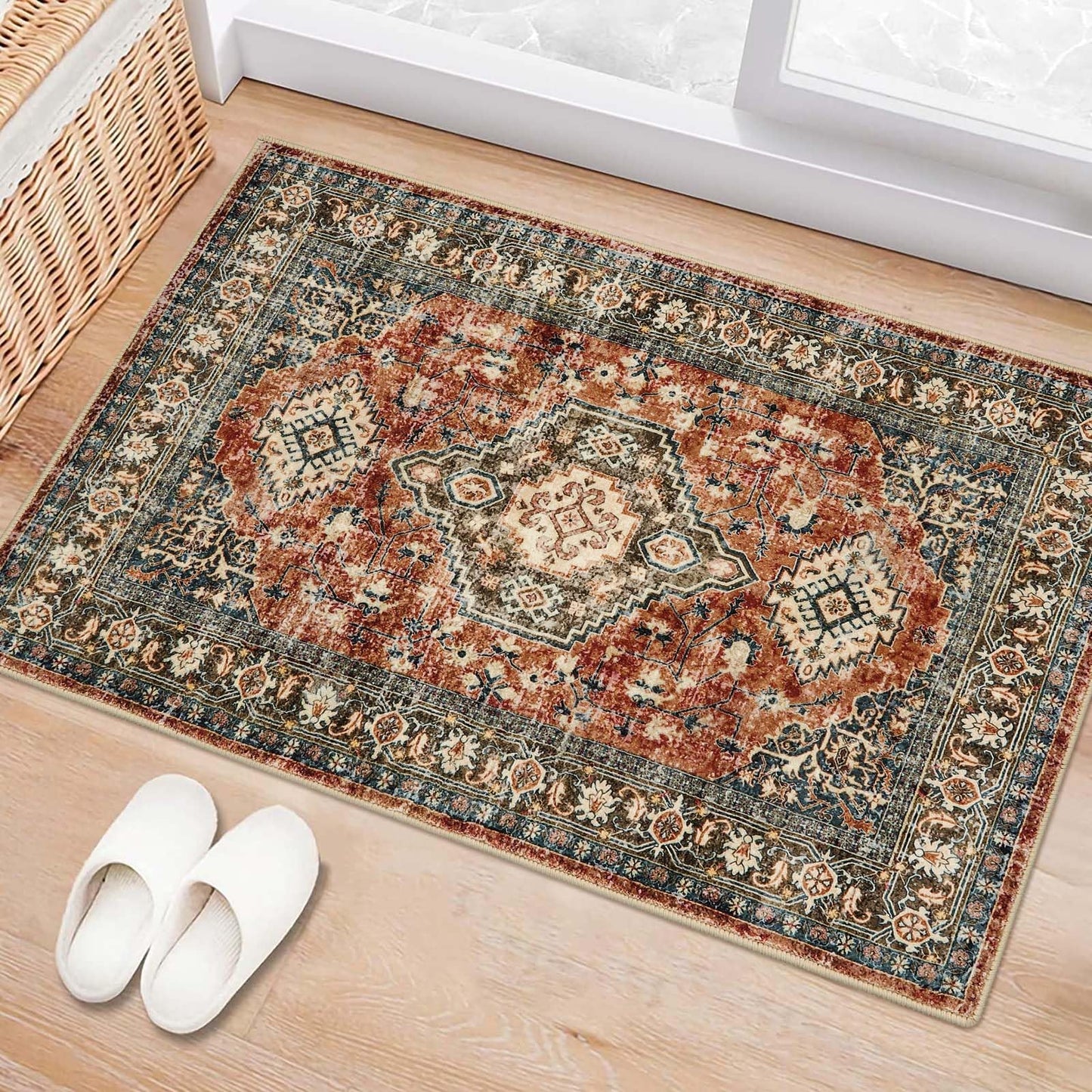 Lahome Oriental Washable Small Area Rug, 2x3 Rugs for Entryway Kitchen, Ultra-Thin Soft Indoor Door Mat Non Slip Throw Carpet for Bedroom Bathroom Eleanor, Brick Red