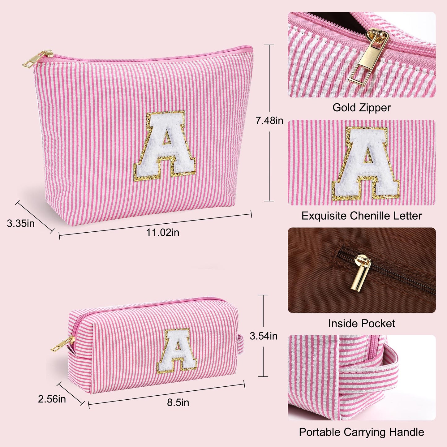 YOOLIFE Valentines Day Gifts for Kids Teen Girls Women | Initial Makeup Bag | Pink Cosmetic Bag Travel Bags | 11 12 13 14 15 16 Years Old Girl Gift Teacher Gift Teen Girl Gifts Trendy Stuff A