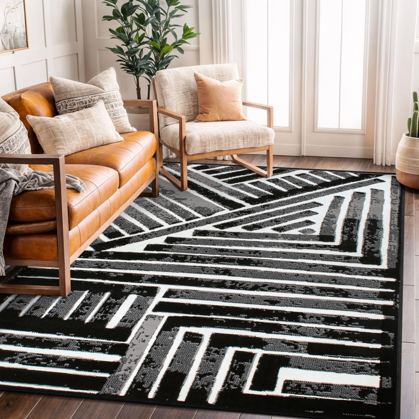 Rugshop Contemporary Stripe Design High Traffic Area Rug for Living Room,Bedroom,Kitchen,Entryway 5' x 7' Black