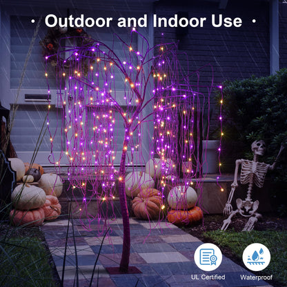 7 FT Halloween Lighted Willow Tree 256 LED Orange and Purple Lights Artificial Weeping Willow Tree with 6 Spiders Outdoor Indoor Decoration Christmas Festival Party Home Decor