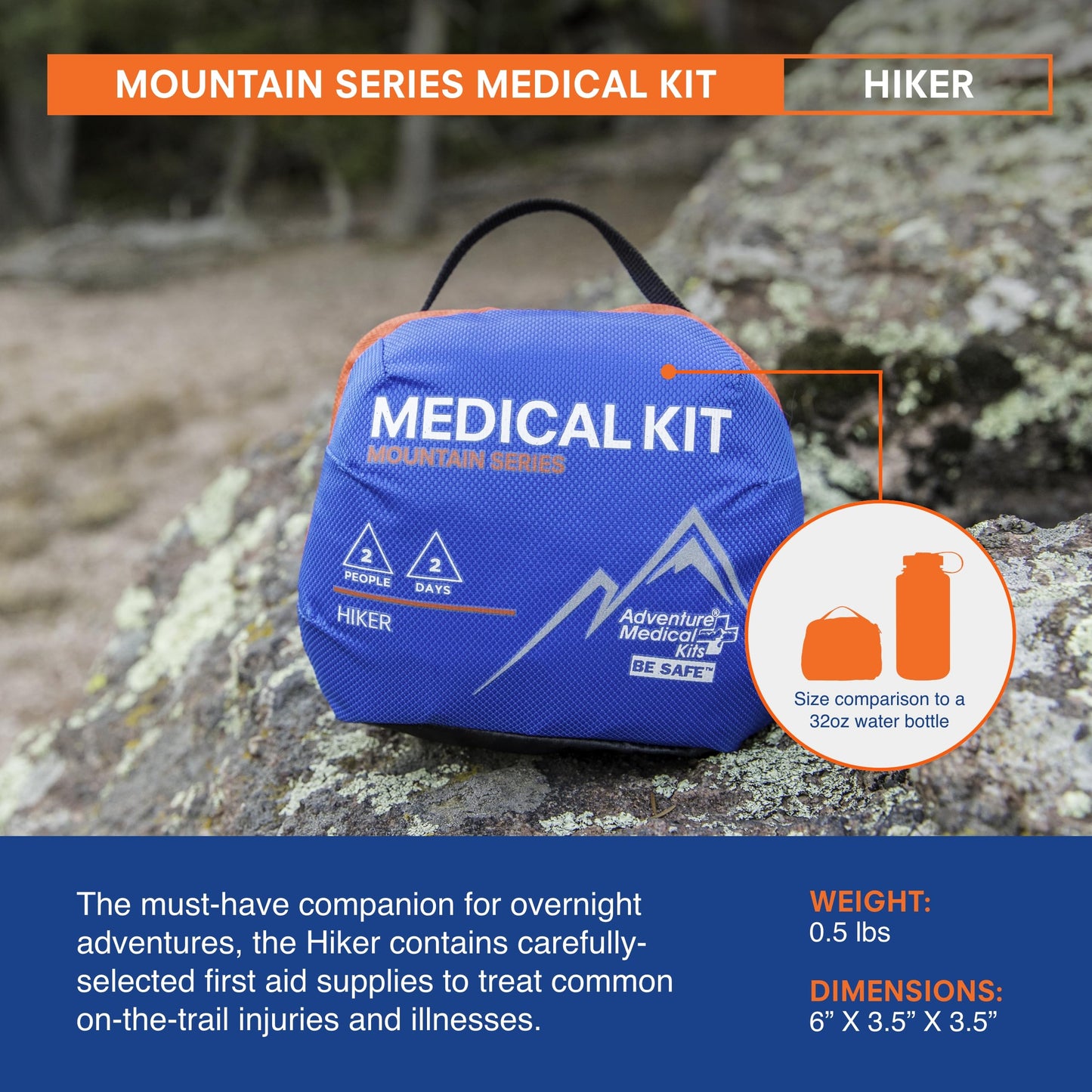 Adventure Medical Kits Mountain Series Medical Kit - Hiker - Emergency Medical First Aid Kit - For 2 People for 2 Days - Comes with a Trauma Pad, Medicine, Guide Book & More