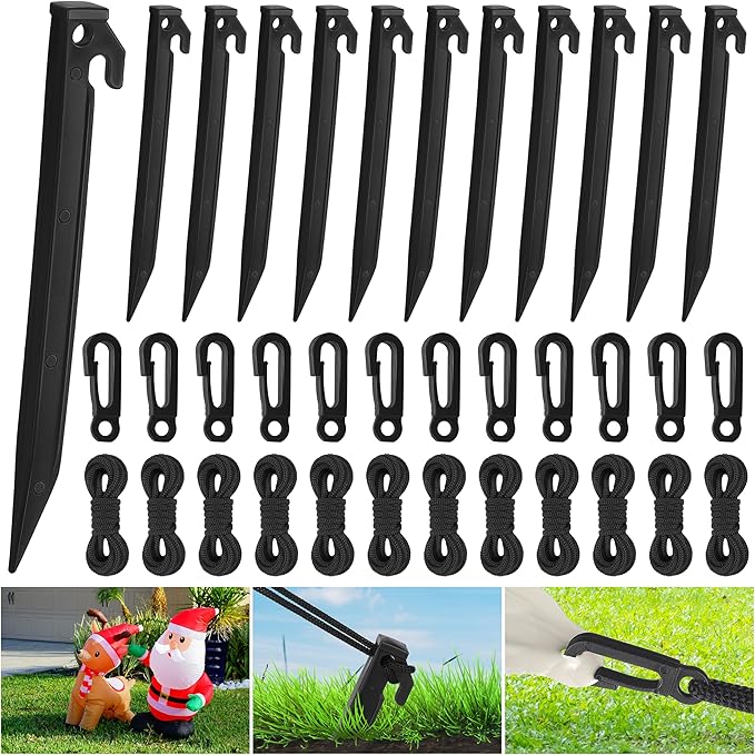 Aodaer 36 Pieces Plastic Inflatable Stakes Set Heavy Duty Halloween Christmas Yard Stake with Ropes and Hooks Anchoring Ground Stake for Xmas Garden Inflatables Accessories, Black
