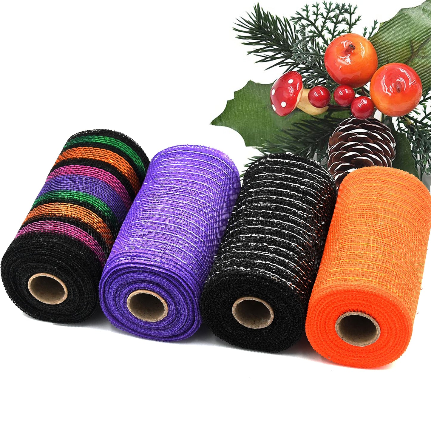 NBHH Halloween Mesh Ribbon Deco Fall Metallic Foil Black Purple Orange Green Border Striped Deco Mesh Wire Ribbon Rolls for DIY Halloween Wreaths Decorations Wrapping Craft, 4 Rolls(6 inch Wide)