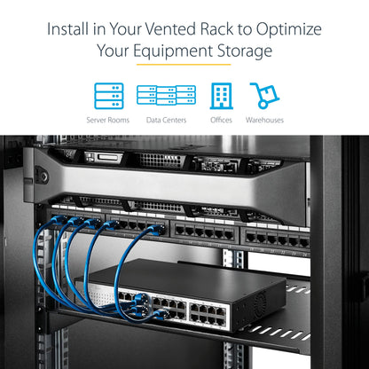 StarTech.com 1U Server Rack Shelf - Universal Vented Rack Mount Cantilever Tray for 19" Network Equipment Rack & Cabinet - Heavy Duty Steel - Weight Capacity 50lb/23kg - 10" Deep, Black (CABSHELFV1U)