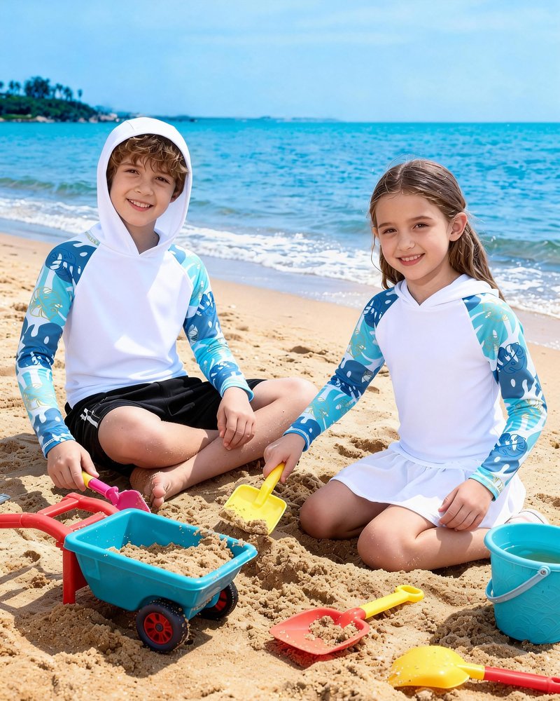 DRONIRING Boys Rash Guard Swim Hoodie, UPF 50+ UV Sun Protection Long Sleeve Fishing Shirt, Kids Youth SPF Water Shirts White-Blue
