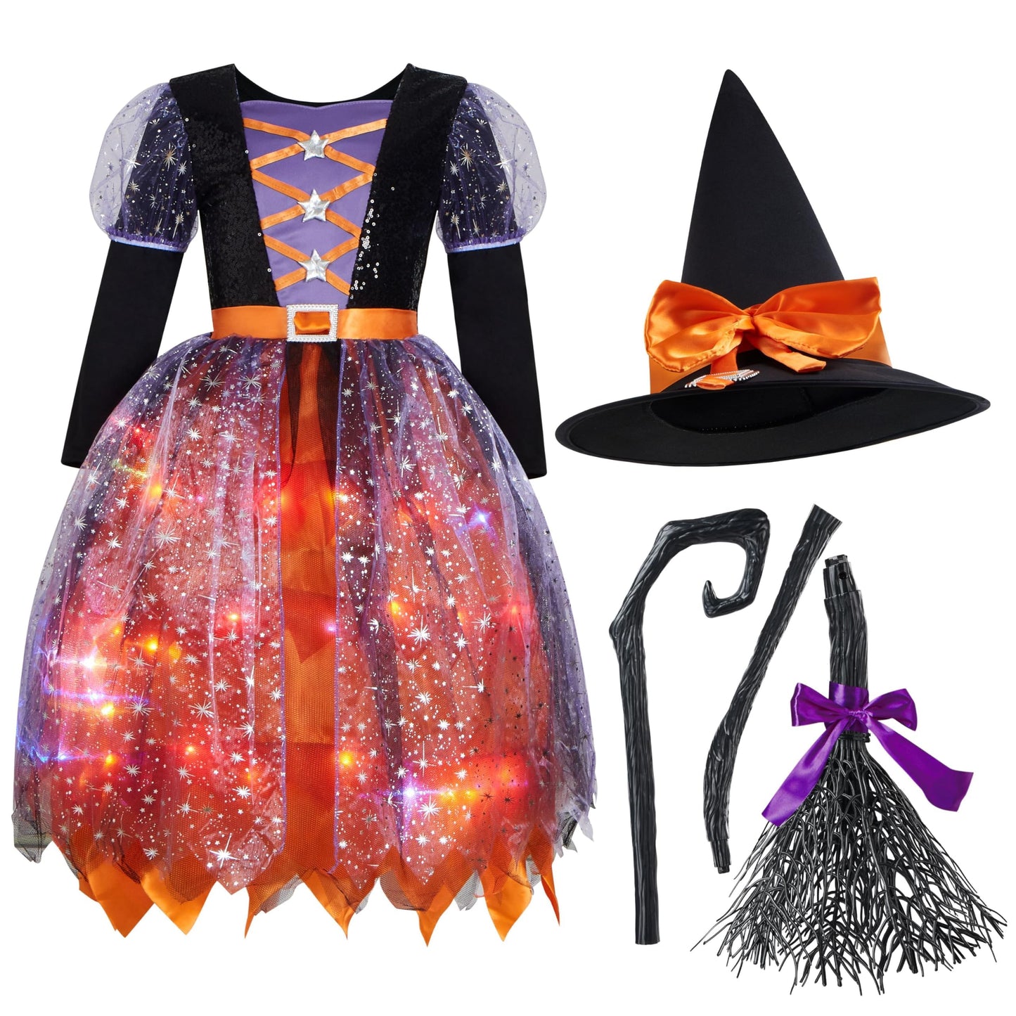 Spooktacular Creations Witch Costume Kids, Light Up Halloween Costumes Witch Dress with Hat and Broom for Girls, Sweet Wizard Set for Toddler Scary Halloween Themed Parties, Orange, L