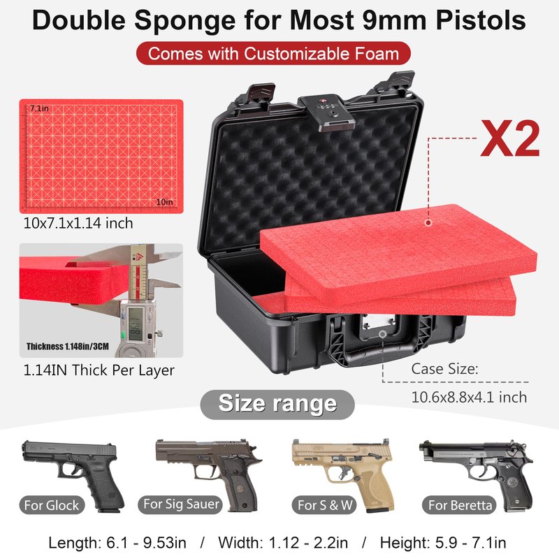 Kinghardcase TSA Gun Case for Handgun, TSA Approved Firearm Travel Case, Waterproof & Shock Proof Lockable handgun case, 10.6”*8.8”*4” Inches 9mm Pistol Case Hard Shell