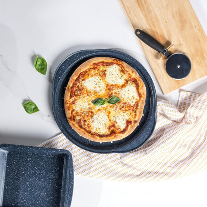Russell Hobbs Nightfall Stone Set of 2 Large Pizza Trays - 14.5" Pizza Pans, Non-Stick Round Baking Trays, Carbon Steel, PFOA Free, Perforated Base for Crispy Cooking, Ideal for Pizza's, Garlic Bread