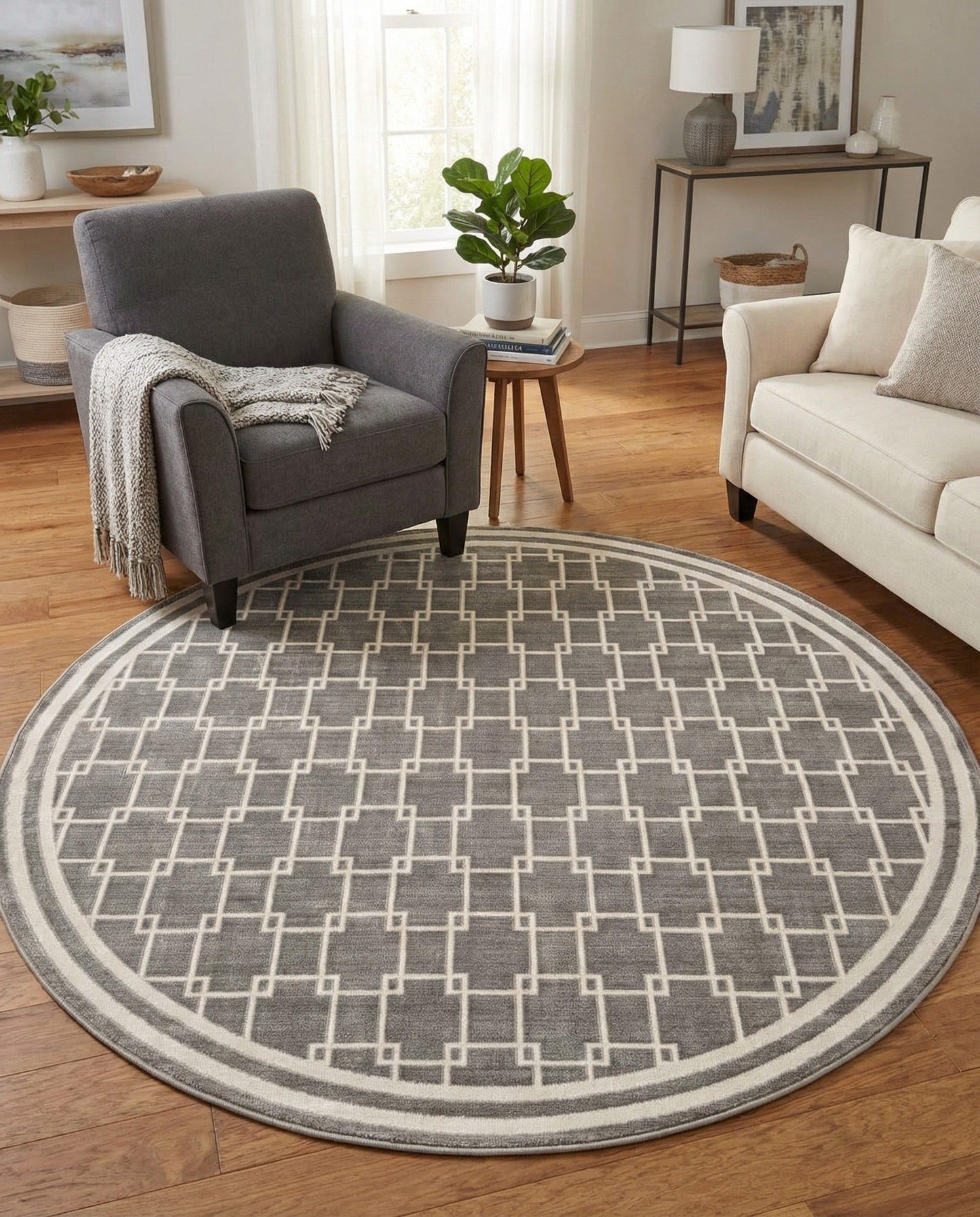 Rugs.com - Uptown Rug – 5 Ft Round Gray Easy-Clean Stain-Resistant Rug – Modern Geometric Design for Living Rooms, Bedrooms, and Entryways