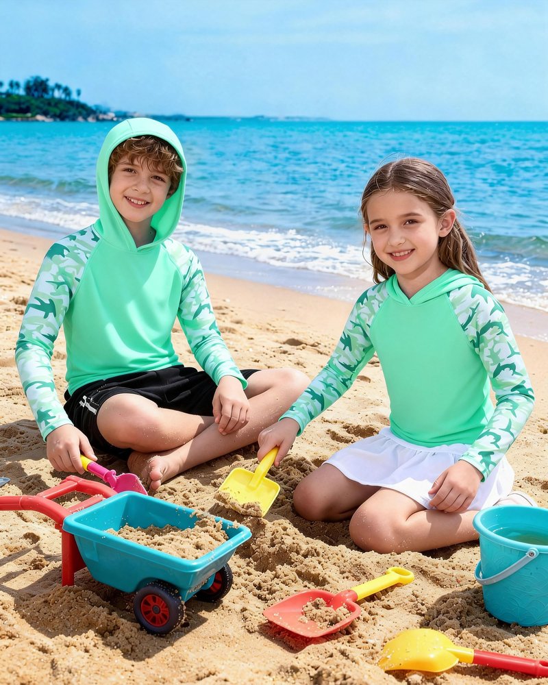 DRONIRING Boys Rash Guard Swim Hoodie, UPF 50+ UV Sun Protection Long Sleeve Fishing Shirt, Kids Youth SPF Water Shirts Green