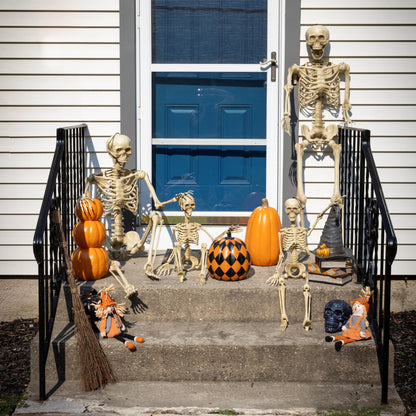 Posable Life Size Human Skeleton Family 4pk- 2 Adult (5'4") & 2 Children (2')- Halloween Prop Indoor Outdoor Decorations w Bending Articulated Bones