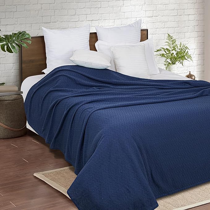 BELIZZI HOME 100% Cotton Bed Blanket, Breathable Thermal Blanket Full - Queen Size, Soft Chevron 90 inch x90 , Perfect for Layering Any All Season, Navy Blue