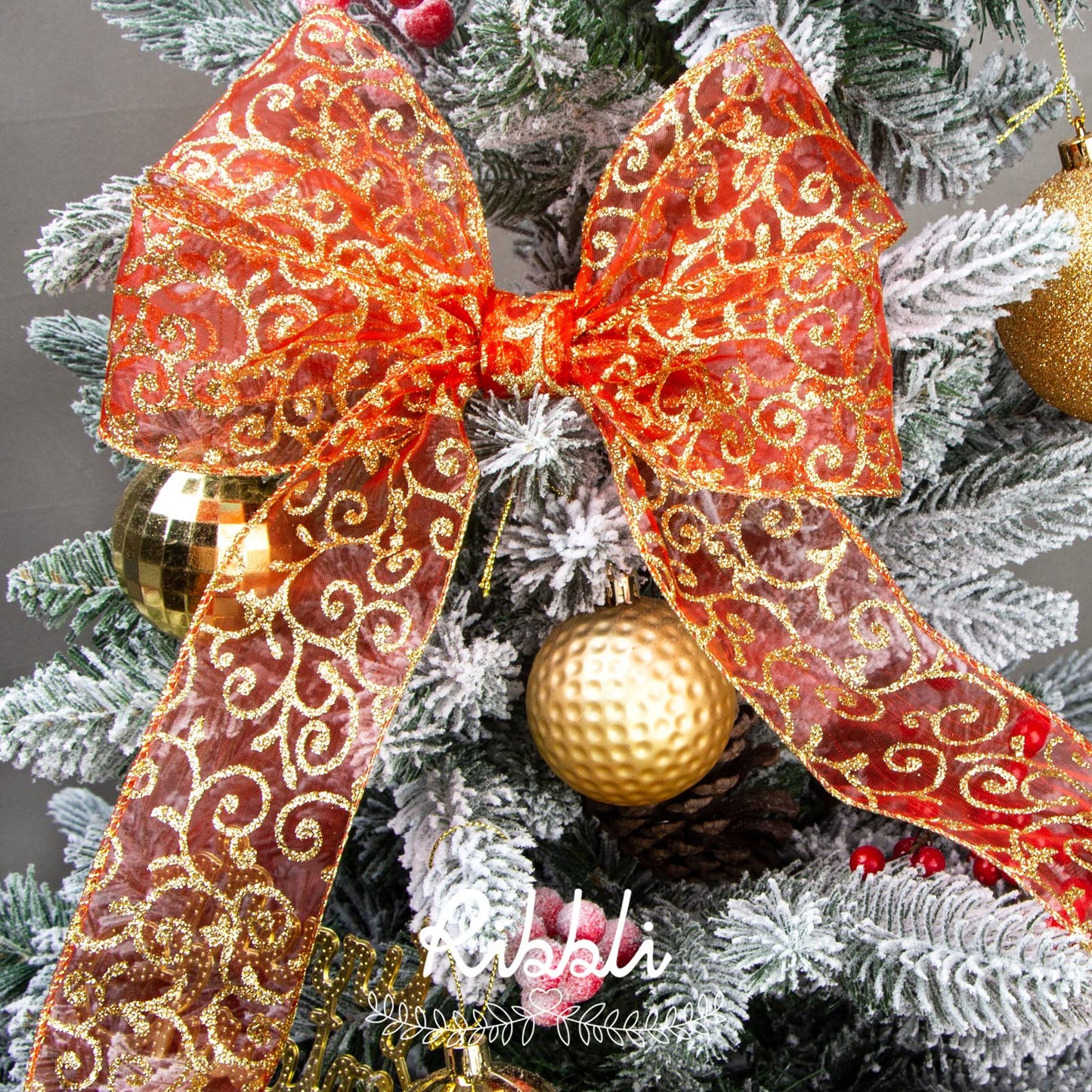 Ribbli Swirl Glitter Wired Ribbon, Red Organza Sheer with Gold Glitter Swirl Pattern and Gold Metallic Edge,2-1/2Inch x 10Yards Christmas Ribbon for Tree Decoration