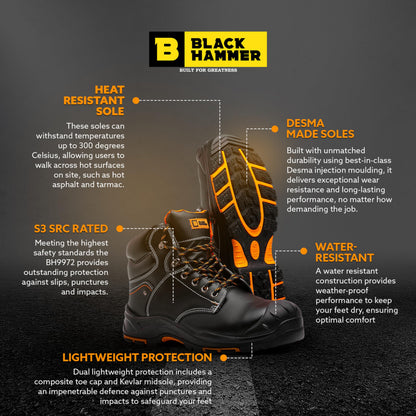 Black Hammer Mens Leather Safety Boots S3 SRC HRO Steel Toe Cap Work Shoes Ankle Hiking 9972 (11 UK)
