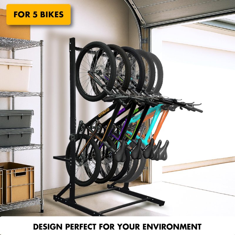 Freestanding 5 Bike Storage Rack for Garage, Hold Multiple Bicycles, Mountain Bikes, Road Bikes, Kids’ Bicycles and E-Bikes