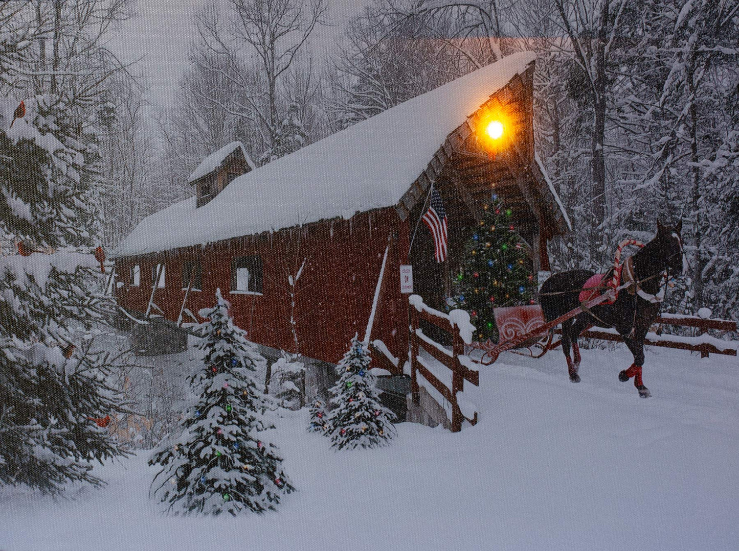 BANBERRY DESIGNS Lighted Red Covered Bridge Wall Print - Horse Pulling Sleigh with Christmas Tree - Winter Holiday Scene - LED Canvas Print - Measures 15.75" x 11.75"