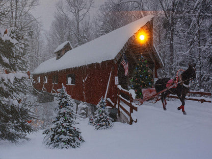 BANBERRY DESIGNS Lighted Red Covered Bridge Wall Print - Horse Pulling Sleigh with Christmas Tree - Winter Holiday Scene - LED Canvas Print - Measures 15.75" x 11.75"