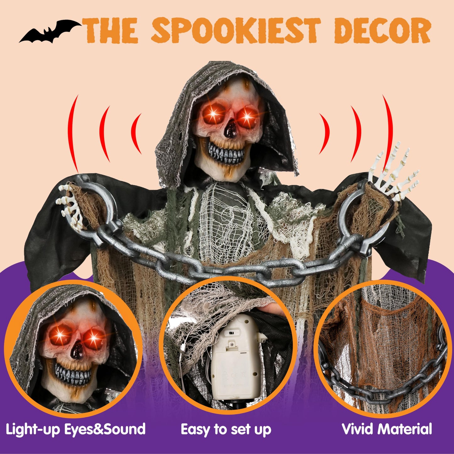 JOYIN 67" Halloween Decorations Outdoor Life Size Animatronics Grim Reaper with Chain, Sound-Actived Party Decor with Creepy Sound, Scary Haunted House Props for Garden Yard Lawn