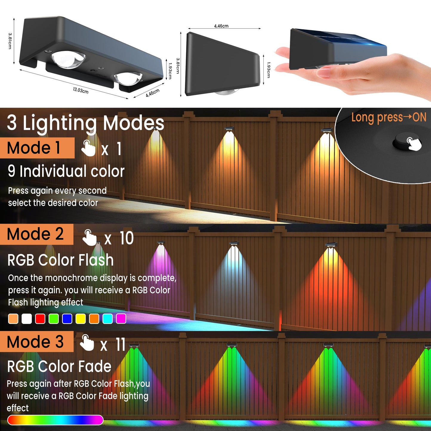 sununiny Solar Fence Lights Outdoor Garden,4 Pack Solar Garden Lights IP65 Waterproof,9 Colors 11 Modes RGB Wall Fence Lights Solar Powered for Outside Backyard,Pathway,Yard