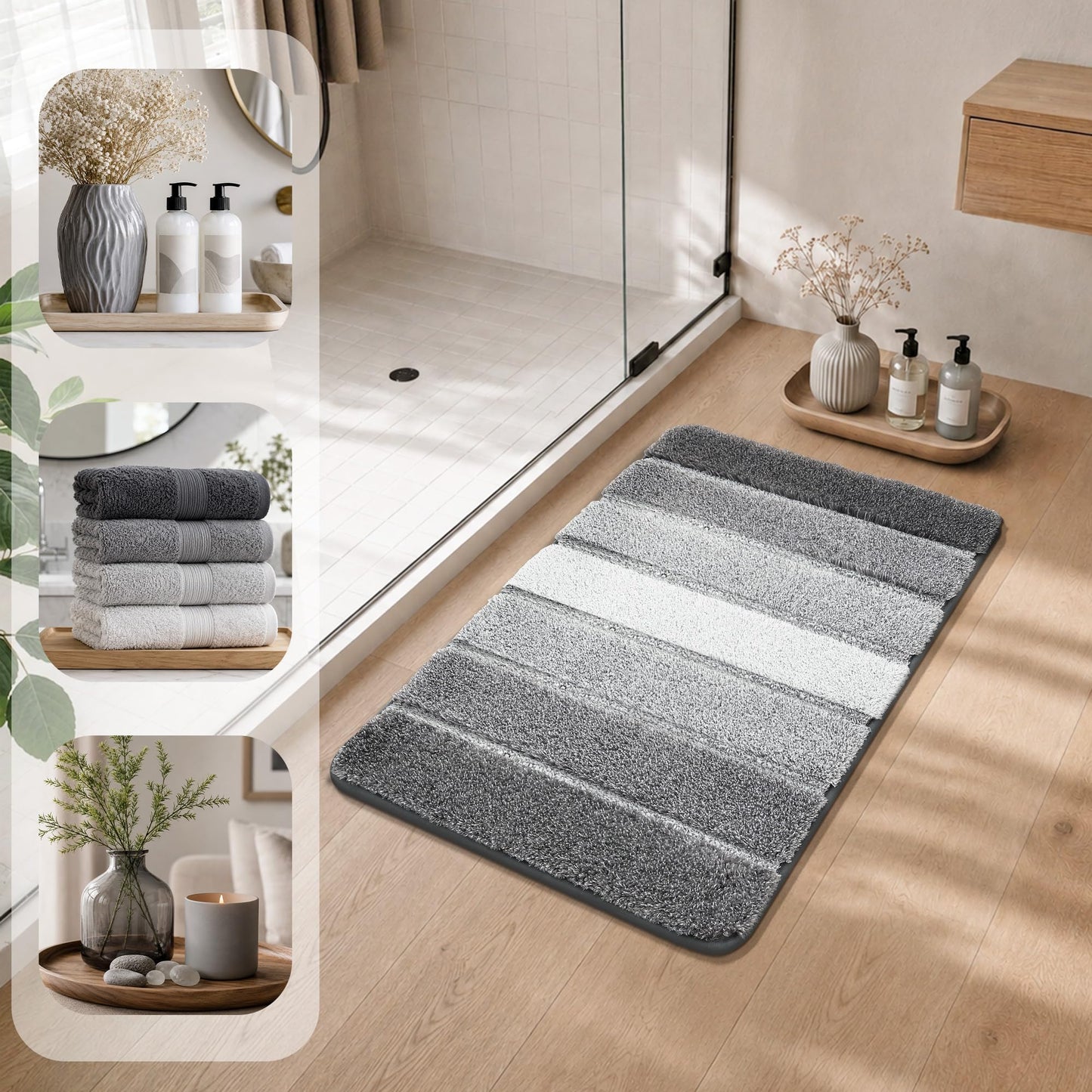 COSY HOMEER Bathroom Rugs 24 x 17, Ultra Soft Absorbent Bath Mat, Non-Slip TPR Backing Stays in Place, Machine Washable Shaggy Rug for Bathroom Floor, Grey