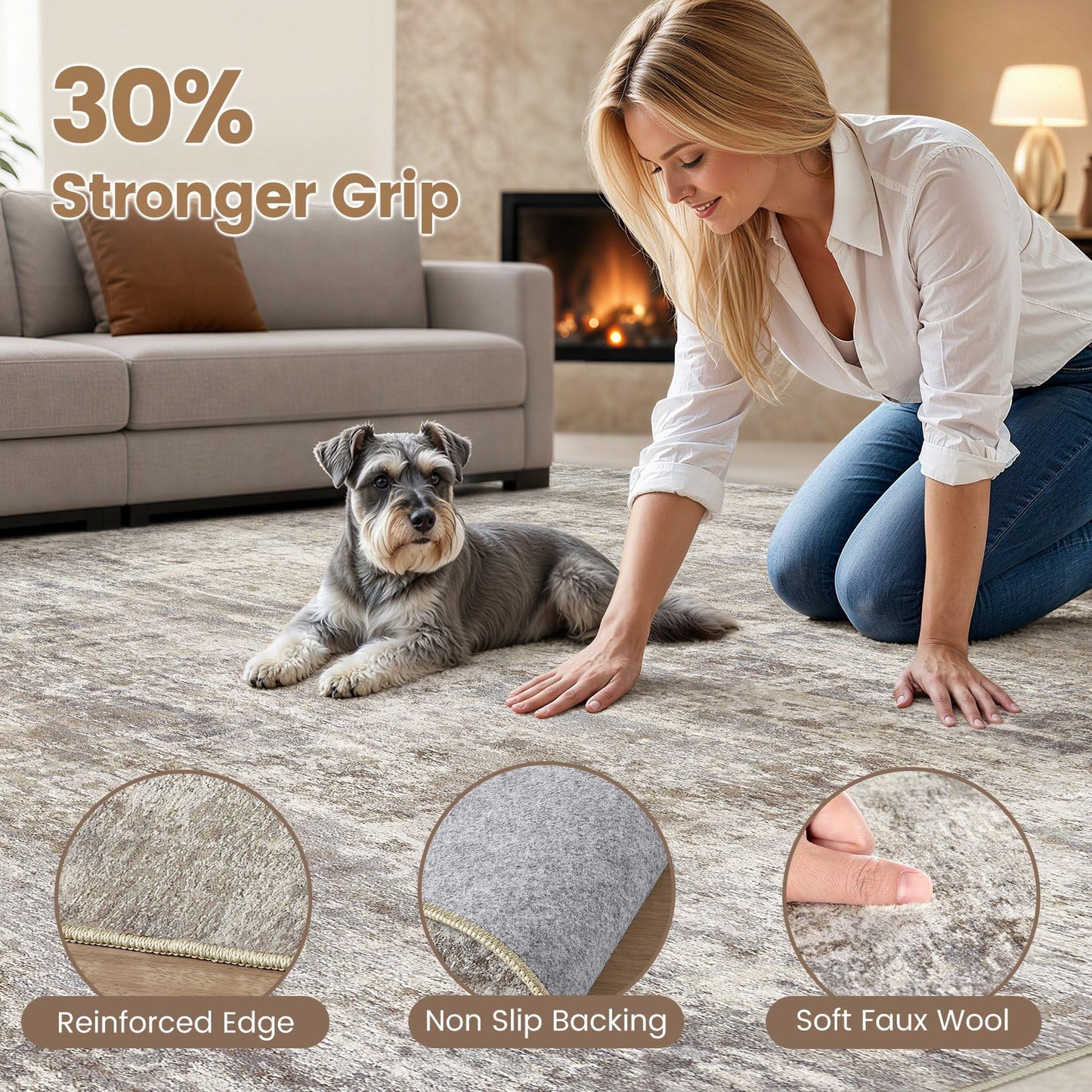 cotiled Washable 8x10 Area Rug for Living Room - Modern Abstract Carpet with Non-Slip Backing, Low Pile & Soft, Stain Resistant, Kid & Pet Friendly Decor for Bedroom & Dining Room - Brown Grey