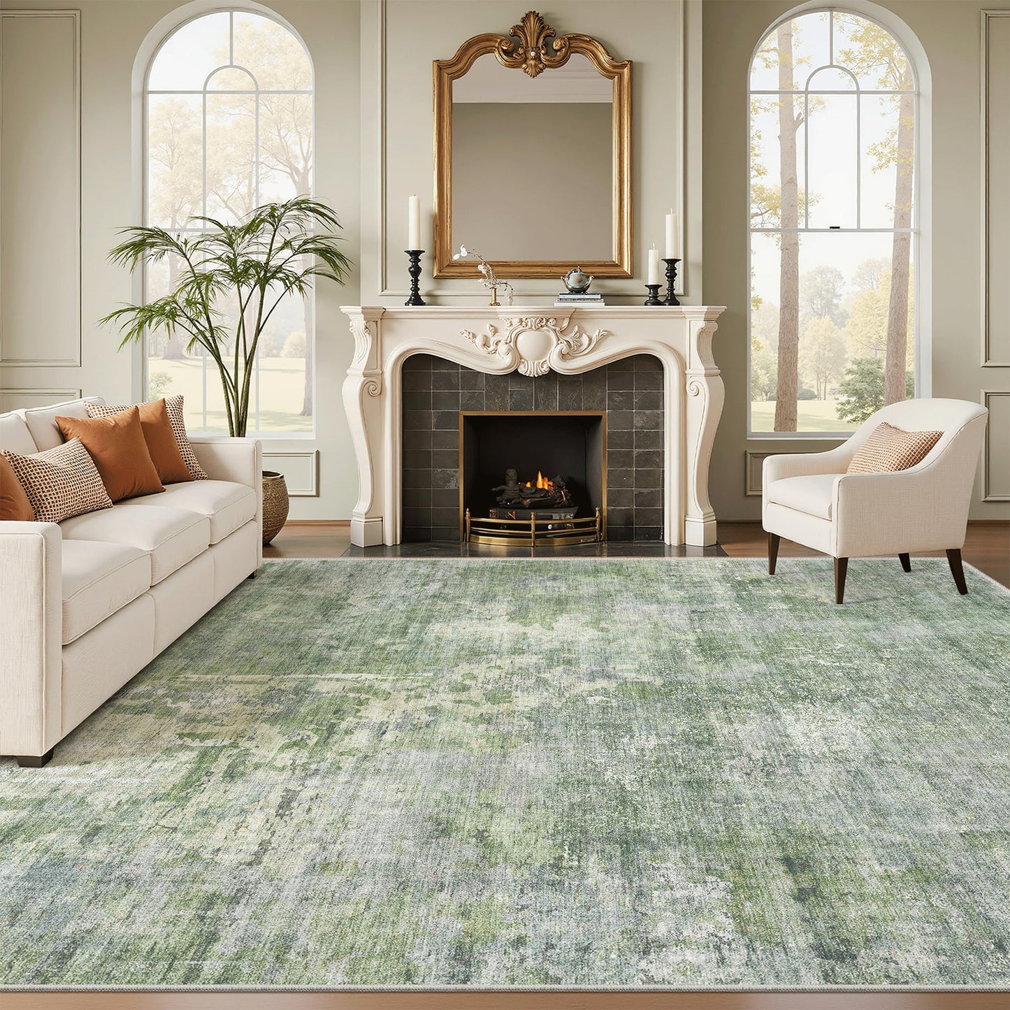 Soalmost Abstract Rug 8x10 Large Living Room Rugs Neutral Modern Washable Area Rugs for Bedroom Dining Room Non-Slip Stain Resistant Foldable Thin Rug Green