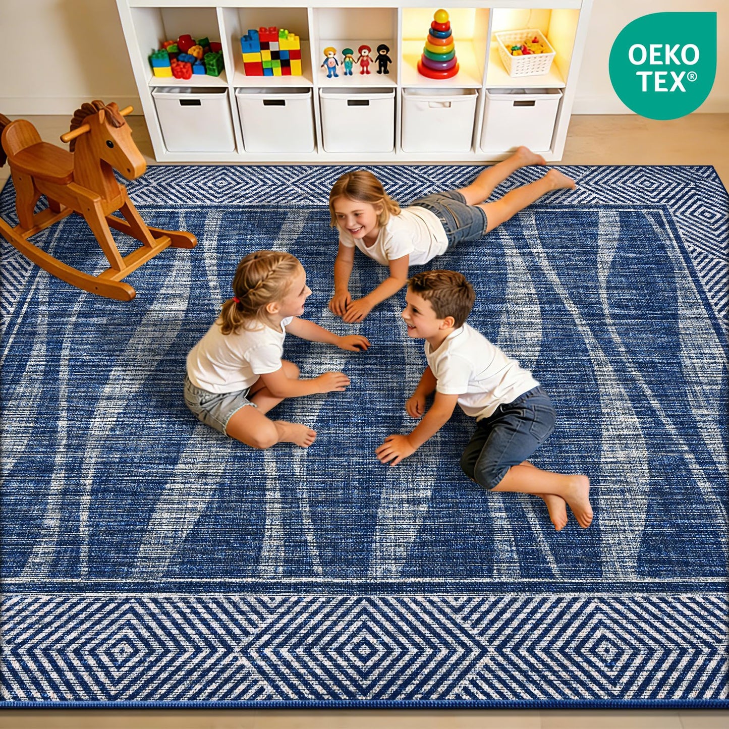 Jute Rug 3x5 Outdoor Patio Rug with Border, Washable Rugs for Entryway Porch, Farmhouse Non Slip Area Rugs with Rubber Backing, Non Shedding Carpet for Indoor Outdoor Bedroom, Courtyard, Blue