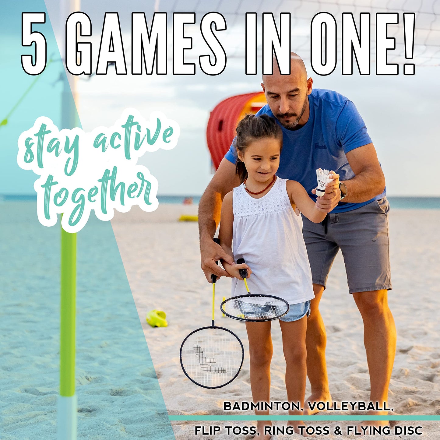Franklin Sports Fun 5 Combo Outdoor Game Set - Backyard, Beach + Camping Games for Kids - Badminton, Volleyball, Flip Toss, Flying Disc - Horseshoes or Ring Toss
