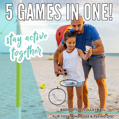 Franklin Sports Fun 5 Combo Outdoor Game Set - Backyard, Beach + Camping Games for Kids - Badminton, Volleyball, Flip Toss, Flying Disc - Horseshoes or Ring Toss