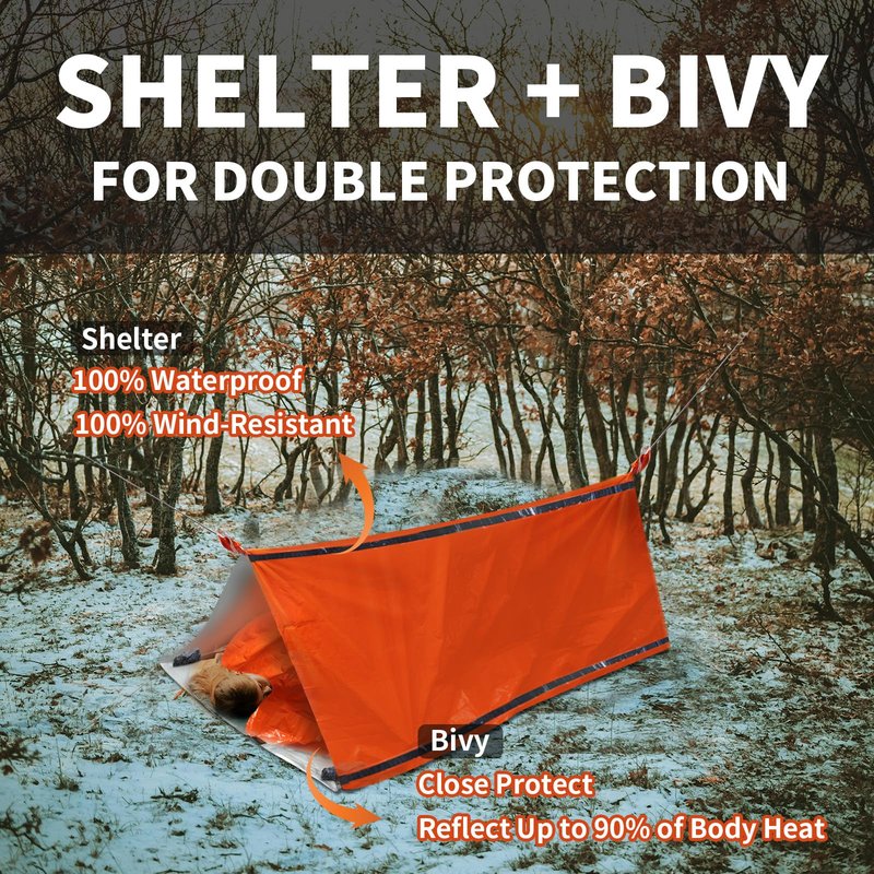 Frelaxy Extra-Thick Survival Tent and Emergency Sleeping Bag, Emergency Shelter Survival Bivy Set with Whistles, Paracord, Storage Pouches, and EVA Case, Perfect for Survival Kits (Orange Set)