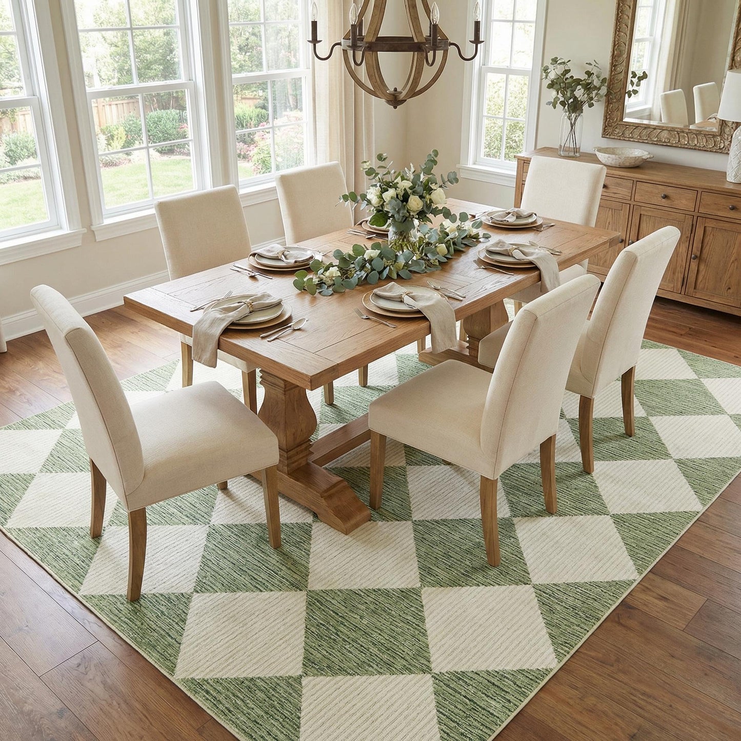 GarveeHome 5x7 Modern Checkered Area Rug, Sage Green Washable Rugs for Living Room Bedroom, Soft Low Pile Non Slip Diamond Floor Mat Plaid Print Throw Rug Indoor Carpet Dining Room Playroom