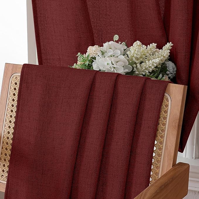 Tollpiz Linen Tier Curtains Rod Pocket Semi Sheer Short Kitchen Curtain Half Burlap Light Filtering Thick Linen Drape for Bathroom, 30 x 30 inches Long, Burgundy Red, Set of 2 Panels